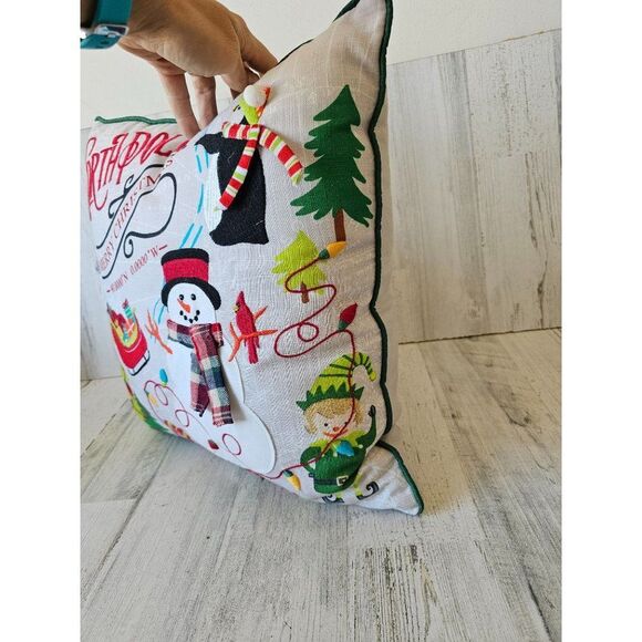 Pier 1 embroidered Xmas snowman North Pole penguin elf pillow decor Xmas 14x14 i - Picture 8 of 10